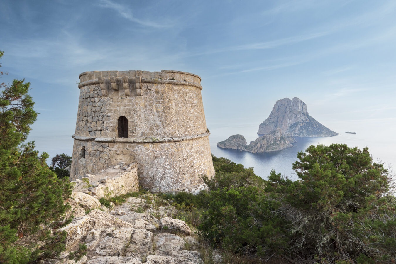 Es Vedrà island seen from the rocky coast, Ibiza, Balearic Islands